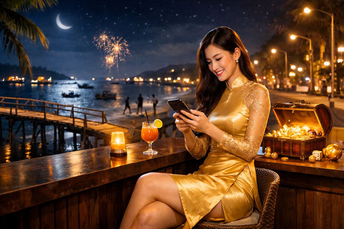 Phụ nữ Việt Nam mặc áo dài chơi mobile casino tại Mũi Né